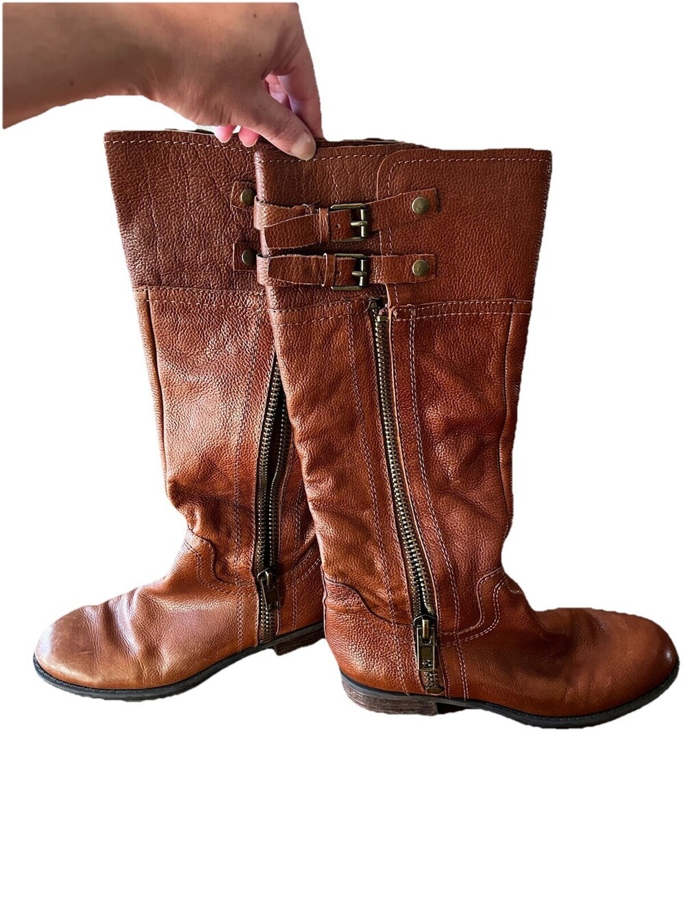 Franco Sarto Knee Boots Y2K Womens Size 7 Cognac Poet  Riding Leather Zip Buckle